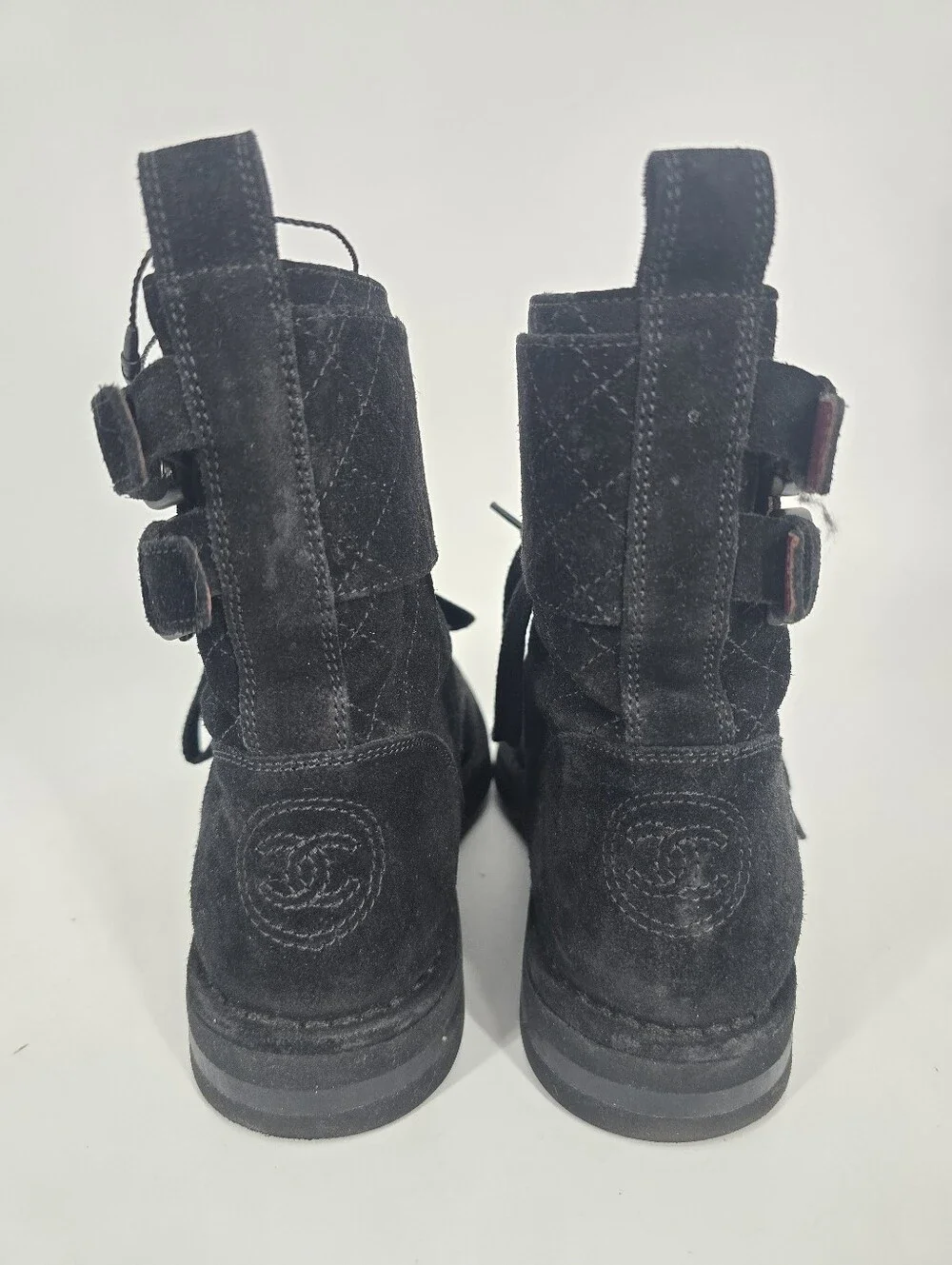 Chanel Black Suede Quilted Buckle Moto Boots Size 37